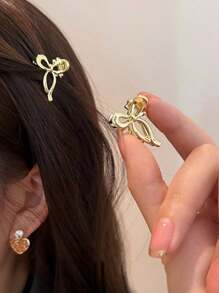 2个甜美可爱的金属蝴蝶结发夹，适合侧刘海和凌乱发型，情人节礼物，发饰，发夹，发卡，发饰，沙滩配饰，秋冬花朵发夹，度假装扮，女士情人节礼物 - 金色 - 查看 5