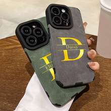 定制手机壳适用于 17 16 15 14 13 12 11 Pro Max 17 Air 14 15 16 Plus 个性化首字母名称 3D DIY 雕刻金色字母后盖烫印技术奢华韩国哑光皮革防震外壳皮套节日礼物送给爱人朋友家人自己孩子 - 深灰色 - 查看 4