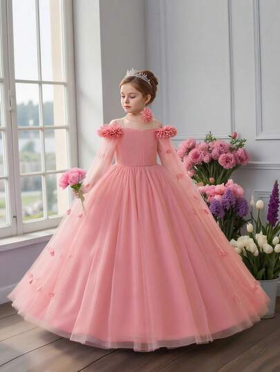 Vestido de princesa largo de tul con flores 3D para niñas preadolescentes, elegante y lujoso vestido formal adecuado para baile escolar, baile de graduación, fiesta de noche (diadema no incluida)