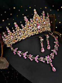 1 Set Bridal Accessories - Red Rhinestone Decor Crown, Necklace, Earrings (4pcs), Wedding Jewelry Set, Suitable For Wedding Dress, Gown, Gold Gala, Wedding Party - Pink - View 4