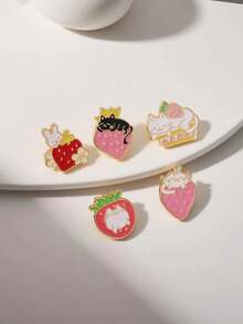 Set de 5 broches de conejo con fresa de aleación de zinc esmaltada, accesorios de broche versátiles como regalo - Multicolor (juego de 5 piezas) - Ver 5