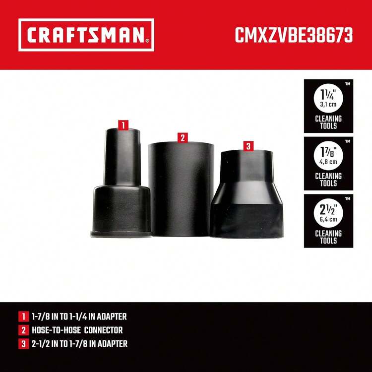 CRAFTSMAN Kit de accesorio para aspiradora de grado industrial - Conector de manguera para aspiradora - 3 piezas - Negro - Plástico - 3 unidades. Kit adaptador. - Añade 7