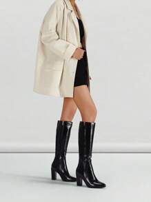 Women's Fashionable Retro Black Knee-High Boots With Chunky Heels, Leather Material With High Reflectivity For Stylish & Comfortable Wear, Suitable To Pair With Leather Jackets, Coats, Knit Dresses, Shorts For Commuting, Dating, Outings, Holiday Gatherings