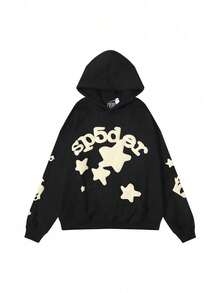 Spider Web Foam Print Hip-Hop Loose Terry Hooded Sweatshirt - nhện đen - Xem 2