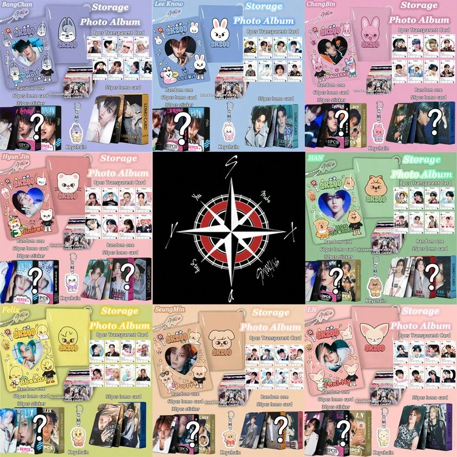 5件套 /K-POP/SKZ/STAY 套装，包含1个卡套、1个钥匙扣、8张透明卡片、55张卡片（60张卡片+30张贴纸），可爱卡通卡套可用于收藏，钥匙扣可用于背包装饰，透明卡片可用于剪贴簿、周边商品及演唱会周边。 - 彩色 - 查看 1