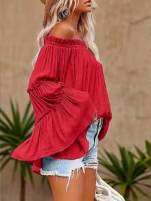 Whisplicity Plus Size Women's Solid Color Open Shoulder Flare Sleeve Blouse Spring Red Casual - Red - View 2