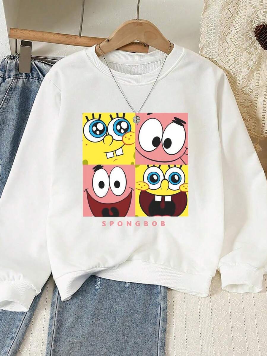 Women's SpongeBob SquarePants Print Sweatshirt, Casual Style, Long Sleeve Round Neck Loose And Comfortable, Suitable For Daily Wear, Must-Have In Spring And Autumn Seasons, Fun And Cute Design, Ideal Gift, Cotton Women's Tops, Dropped Shoulder Comfortable Sweatshirt, Round Neck Oversized Sweatshirt, Casual, Going Out, Autumn And Winter Wear, Drape, Soft And Breathable Long Sleeve Tops, Versatile Preppy Style, Streetwear Sports Tops Women's Wear, Brunch Women's Wear, Festival Wear Women's - White - View 1