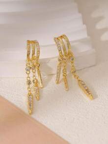 14K镀金吊坠耳环，学院风圣诞礼物，精致三吊坠耳环，低过敏性耳环，时尚配饰 - 金色 - 查看 6