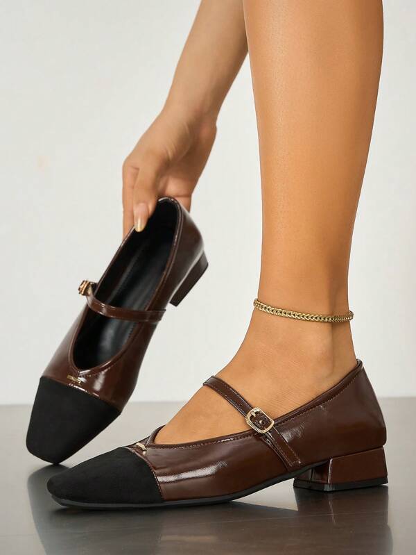 أحذية بالية ذات كعب سميك أنيقة ومريحة للنساء في فصل الخريف/الشتاء، ذات أصبع مربع وحزام بني، مناسبة للحفلات والمناسبات والعطلات والنوادي الليلية، أحذية ذات كعب سميك متعددة الاستخدامات