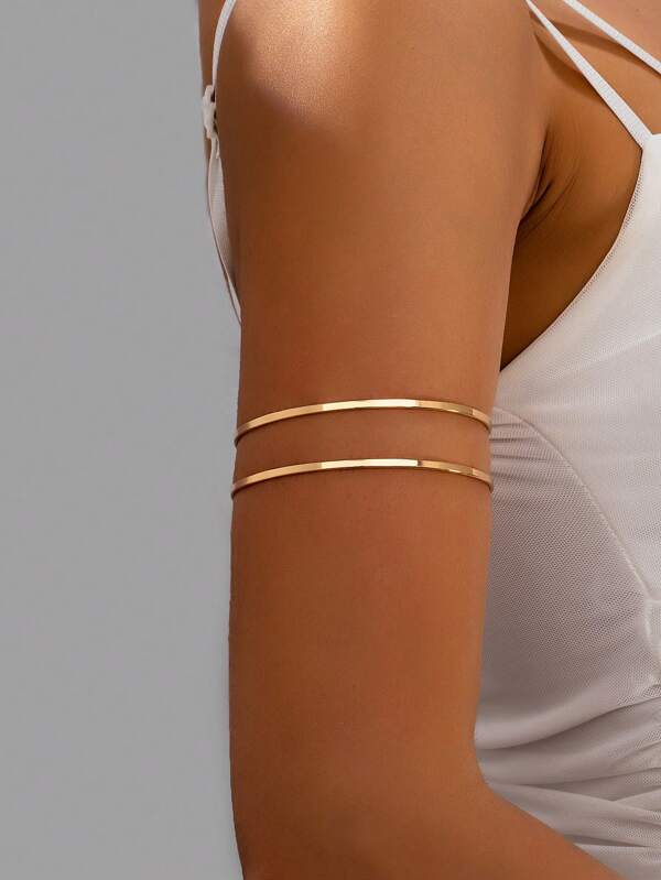 1 Pc Women's Simple Double-Layer Smooth Gold Tone Upper Arm Cuff Bracelet, Adjustable 2 Layers Armband For Summer Beach Holiday Party Costume, Elegant Gift For Girlfriend, Unisex Y2K Style Accessory