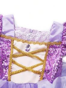 少女优雅紫色网纱亮片短袖连衣裙