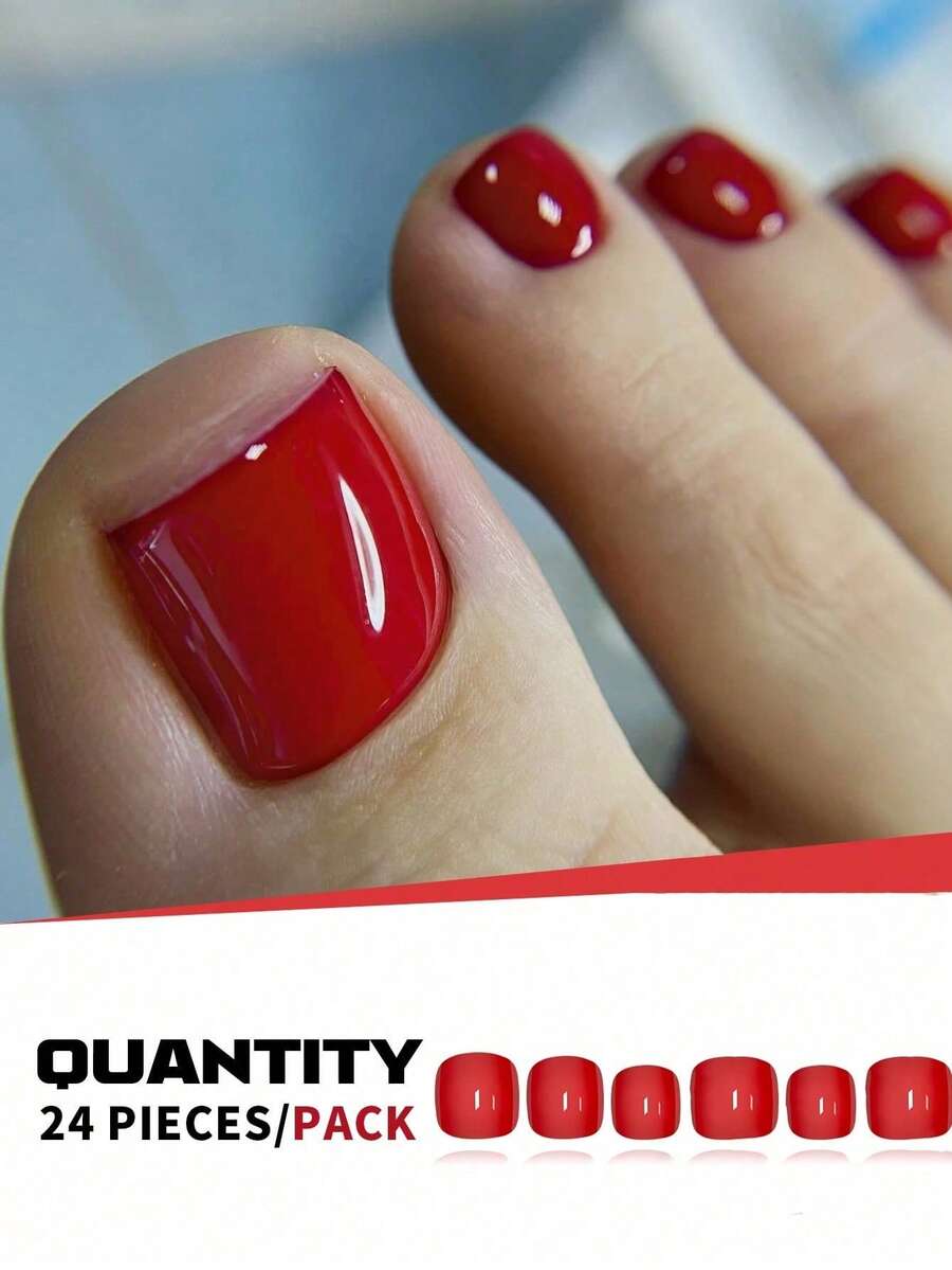 24Pcs Short Square Red Glossy Full Cover Toenail Stickers Set, Suitable For Party, Dance, Daily Wear Press On Nails Nail Supplies Nails - Red - View 1