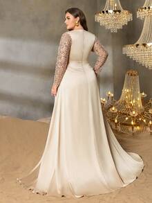 Elisanya Curve Plus Women's V-Neck Long Sleeve High Slit Fishtail Formal Evening Gown | Elegant Design - Champagne - View 2