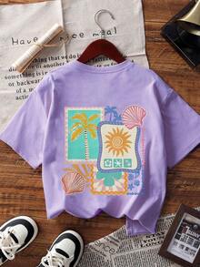 Tween Girls' Tropical Summer Print Short Sleeve T-Shirt, Student Young Casual Wear, Prepared For Girls Ready To Play In Summer - Purple - View 3