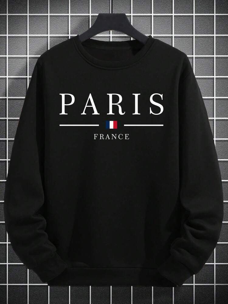 Zrgoth 男士休闲百搭印花圆领卫衣，巴黎风情，适合送给丈夫、男友或朋友 - 黑色 - 查看 7