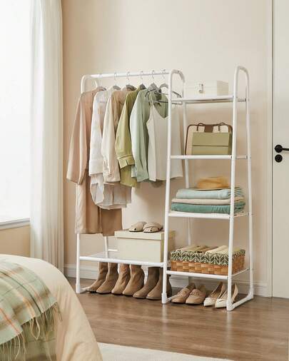 Stand Appendiabiti, Appendiabiti da Terra, 5 Ripiani Portaoggetti, Struttura in Metallo, 40 x 101,7 x 153,3 cm, Camera da Letto, Soggiorno, Ingresso, Bianco Nuvola