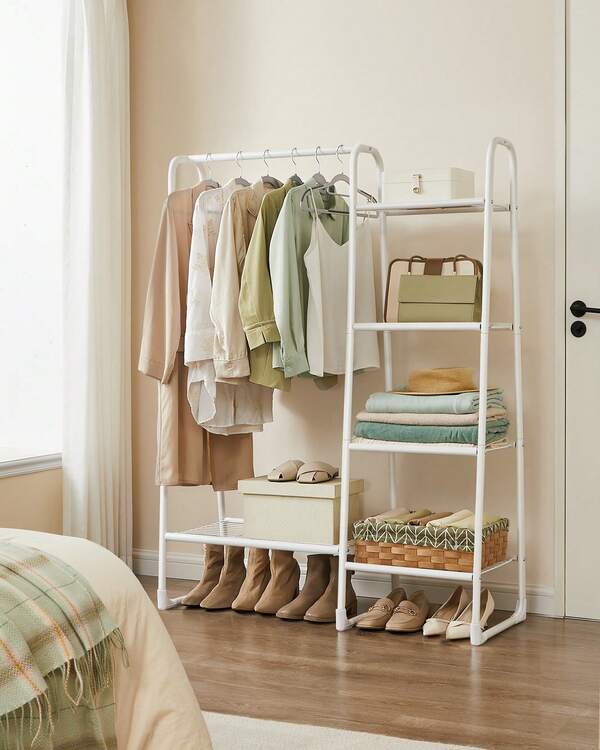 Stand Appendiabiti, Appendiabiti da Terra, 5 Ripiani Portaoggetti, Struttura in Metallo, 40 x 101,7 x 153,3 cm, Camera da Letto, Soggiorno, Ingresso, Bianco Nuvola