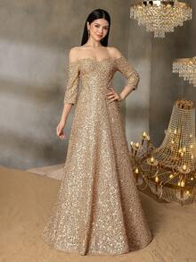 Alisa&Leo Teen Off-Shoulder Sequin Evening Gown With Three-Quarter Sleeves & Flowy A-Line Silhouette | Sparkling Formal Dress For Gala Dinners, Red Carpet Events, Graduation Balls, Black-Tie Weddings, And Award Ceremonies - 香檳色 - 查看 7