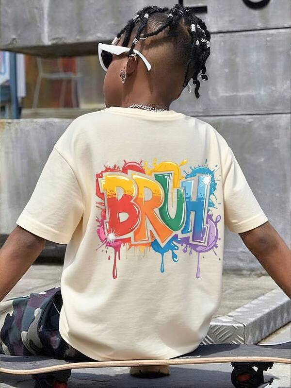 1pc Tween Boy Casual Printed Short Sleeve T-Shirt, Summer Top For Young Students