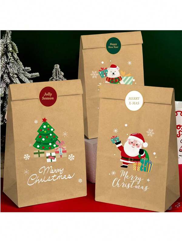 12pcs Kraft Paper Christmas Gift Bags, Food Bags, Gift Bags, Candy Bags, Holiday Party Bags With Stickers, Suitable For Christmas, Holidays, Parties, Events, Gatherings, Gifts Christmas Christmas Decorations Christmas Pajamas Christmas Gifts Christmas Decor