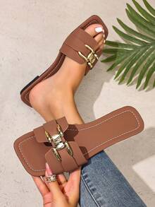 Ximi Ruo Women's Fashion Casual Strap Slide Sandals, Comfortable Flat Heel Open Toe Beach Slippers For Summer - Brown - View 2
