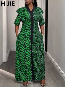 1 女款秋季绿色全长不对称印花中长连衣裙，优雅休闲，适合外出度假或聚会