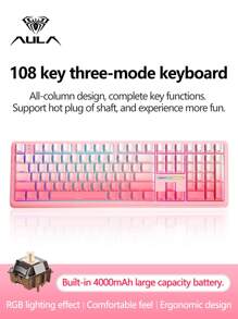 AULA F108 Three-Mode Mechanical Keyboard, Supporting Wired/Wireless Connection, 108 Fully Arranged Layout, Cool RGB Lighting Effect, Compatible With Windows/IOS System, Ergonomic Design, Suitable For Connecting Computers And Notebook Devices.