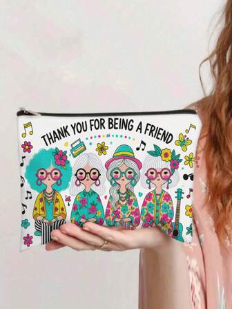 1 pieza "Gracias por ser una amiga" Bolsa de maquillaje de dibujos animados con flores - Neceser de cosméticos ligero con cremallera, impresión a doble cara, regalo perfecto para mujeres, mamá, hermana o mejor amiga, pequeño neceser de maquillaje regalo de Navidad