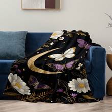 1PC Flannel Blanket With Butterfly, Moon And Flower Patterns, Machine Washable, Soft And Comfortable, Lightweight Wool Blanket, Comfortable Air Conditioning Blanket, Home Decoration, Suitable For All Seasons, Christmas And Halloween Friend Gifts, Suitable For Sofas, Beds, Cars, Offices, Camping, Travel