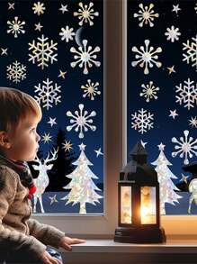 2 张圣诞雪花麋鹿冬季彩虹窗贴装饰 PVC 彩色玻璃窗贴家居新年装饰，圣诞节