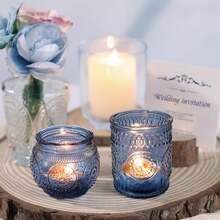 12pcs Vintage Nordic Style Sunflower Glass Candle Holders, Romantic Atmosphere Tabletop Decor Candle Cups, Suitable For Wedding, Dining Table Decoration