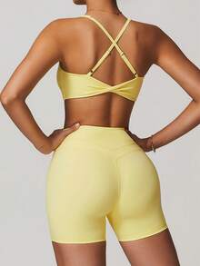 ATTRACO Women's Sports Bra, Deep V-Neck, Criss-Cross Open Back Design, Suitable For Outdoor Sports, Casual Running, Fitness, Pilates And Other Activities Spring - Yellow - View 7