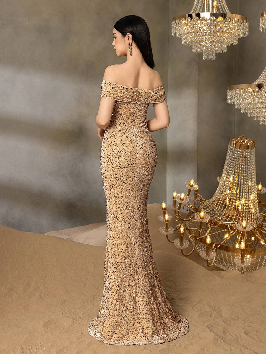 Alisa&Leo Sequined Evening Gown – Off-Shoulder Neckline, High-Leg Slit & Mermaid Train – Formalwear For Galas & Proms - Champagne - View 1