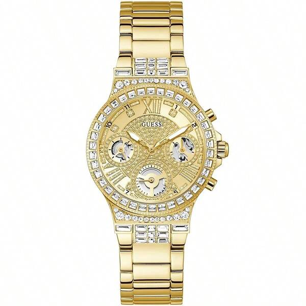  GUESS Women's Quartz Watch, Crystal-Embellished, Gold Dial, Stainless Steel Strap, Luxurious Design, High-End Quality, Elegant And Fashionable Style, Suitable For Daily Wear Or Dates, Best Choice For High-End Gifts