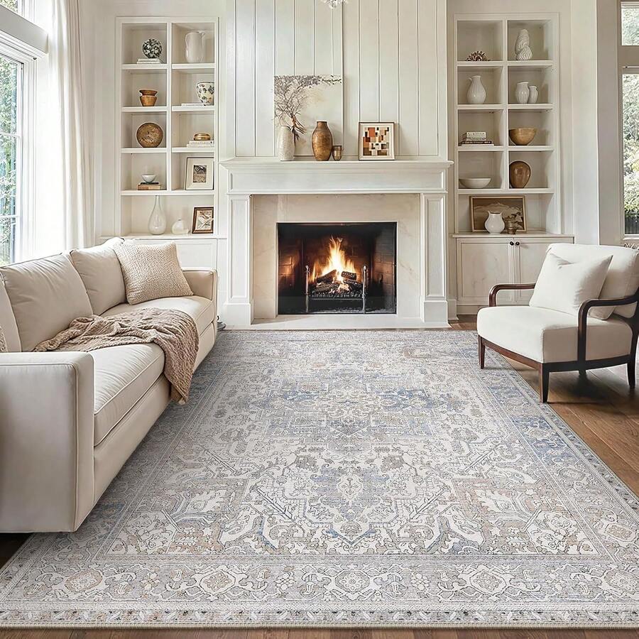1Pc Area Rugs For Living Room, Machine Washable Non Slip Vintage Rugs, Low Pile Lightweight Print Rug For Bedroom, Dining Room, Home Office, Light Taupe Brown, Low Pile Carpet - Màu xanh Khaki - Xem 1