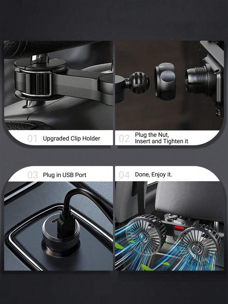 1pc Car Fan, Double Head Rear Seat Fan With Powerful Wind, 3 Levels Wind Speed, 5pcs White Fan Blades, 360 Degree Adjustable Angle, High Airflow, Low Noise, Effectively Promote Air Circulation, Ventilation, Cooling, Essential For Self-Driving Travel, Easy To Install, Can Be Folded And Hidden Under The Headrest, Usb Powered, 3-Speed Fixed Clip On Base Suitable For Most Car Models Such As Small Cars, Suvs, Pick-, Etc. - White - View 7