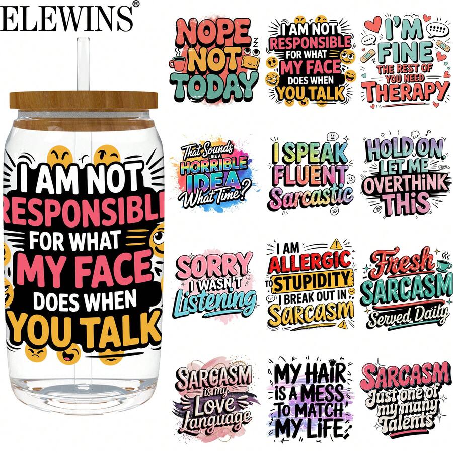 ELEWINS 12pcs Professional Grade UV DTF Cup Wraps For 16oz Tumblers - Funny Quotes Insulated Tumbler Wraps Permanent Scratch-Resistant Transfers For Glass & Mugs - Easy-Peel UV DTF Transfers For Smooth Surfaces - Fits 16oz Cups| Waterproof & Dishwasher Friendly Transfer Paper Craft Supplies( Without Mugs)
