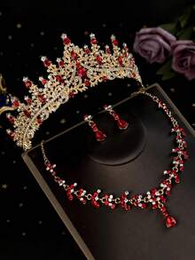 1 Bộ phụ kiện cô dâu gồm vương miện đính đá đỏ, vòng cổ, bông tai, bộ trang sức cưới 4 món, phù hợp với váy cưới, đầm dạ hội, tiệc tùng, phụ kiện ngày Valentine. - Đỏ - Xem 6