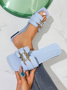 女士时尚休闲系带凉鞋，夏季舒适平底一脚蹬沙滩拖鞋 - 淺藍色 - 查看 2