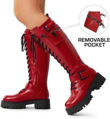 Women's Combat Riding Platform Knee High Boots, Lace Up Fall Lug Sole Gothic Motorcycle Boots With Inside Zipper, 2025 Style - Red - View 6