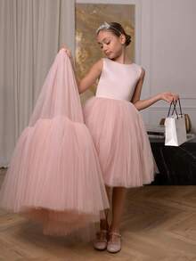 少女粉色薄纱优雅派对礼服，可拆卸公主礼服，适合女孩的生日派对、宴会、婚礼、花童、伴娘、舞会、选美 - 粉色 - 查看 7