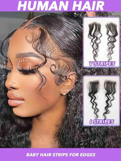 V/I Shape Reusable Edges Hair Top Transparent Lace Edges Hair Extensions, Soft & Natural Fake Baby Hair Edges For , Handmade Real Human Hair Pieces, Natural Black Color 2 PcsL Deep Wave/Curly Wave/Water Wave