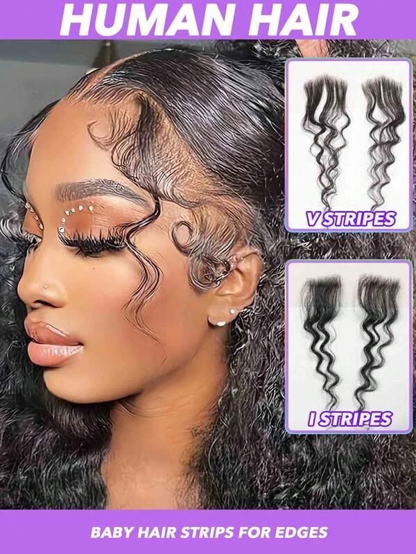 V/I Shape Reusable Edges Hair Top Transparent Lace Edges Hair Extensions, Soft & Natural Fake Baby Hair Edges For , Handmade Real Human Hair Pieces, Natural Black Color 2 PcsL Deep Wave/Curly Wave/Water Wave