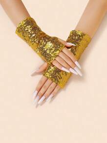 1 Pair Women's Fingerless Gloves, Short Sequin Reflective Gloves, Suitable For Nightclub, Stage Performance