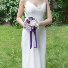 Dusty Blue Wedding Bouquets For Bride Bridesmaid, White Wedding Artificial Roses Flowers For Wedding Bouquets Ceremony, Anniversary - 紫色和奶油色 - 查看 8