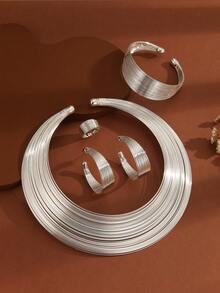 1 Bộ 5 chiếc vòng cổ cô dâu Nigeria, Vòng cổ hợp kim nhiều sợi, Bộ trang sức 4 món, Trang trí xuyên biên giới - Bạc - Xem 2