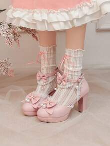 Block Chunky High Heels Pumps For Women Cute Bow Ruffle Ankle Strap Pearl Chain Platform Lolita Style Pumps Woman - Hồng - Xem 4