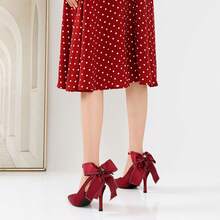 High Heels For Womens Bow Heels With Strappy Wedding Satin Shoes For Bride Closed Pointed Toe Stiletto Slingback Pumps Sexy Ankle Strap Prom Dressy Party Bridesmaid Shoes - 紅色 - 查看 5