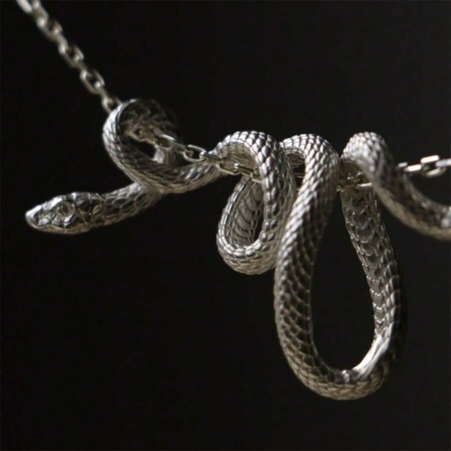 Golden Silvery Snake Pendant Chain Necklace Men's, Punk Hip Hop Style Necklace Jewelry, Party Birthday Gift - 銀色 - 查看 1