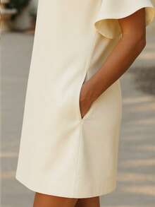 Elegant Palace-Style Beige Cap Sleeve Dress, Solid Color Casual Crepe Fabric With Pleated Ruffle Hem, Layered Cake Dress For Women, Suitable For Home, Dates, Daily Wear, Spring & Summer - Beige - View 3